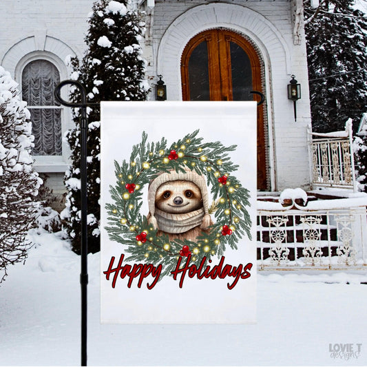 Happy Holidays Sloth Flag 12x18