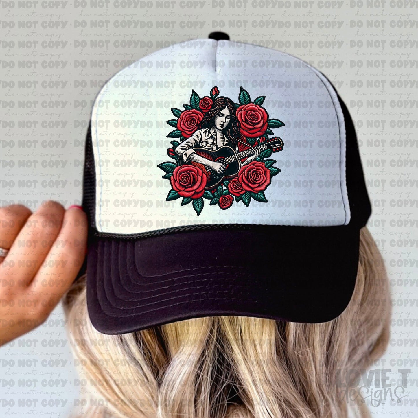 Rose Guitarist Faux Embroidery Trucker Hat