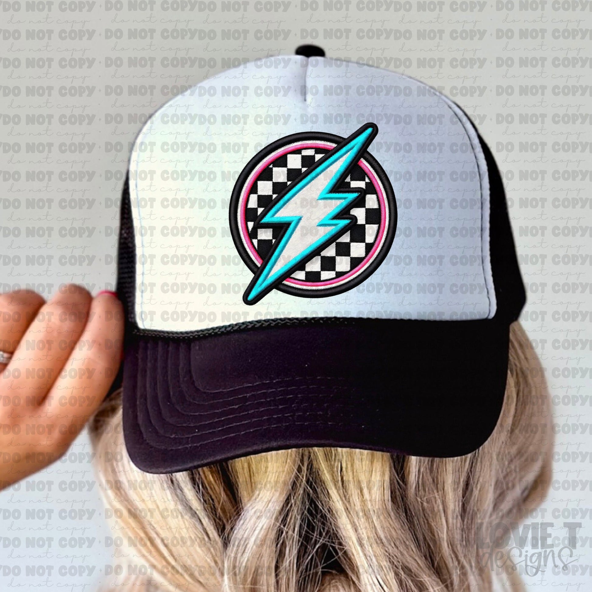 Checker Bolt Faux Embroidery Trucker Hat