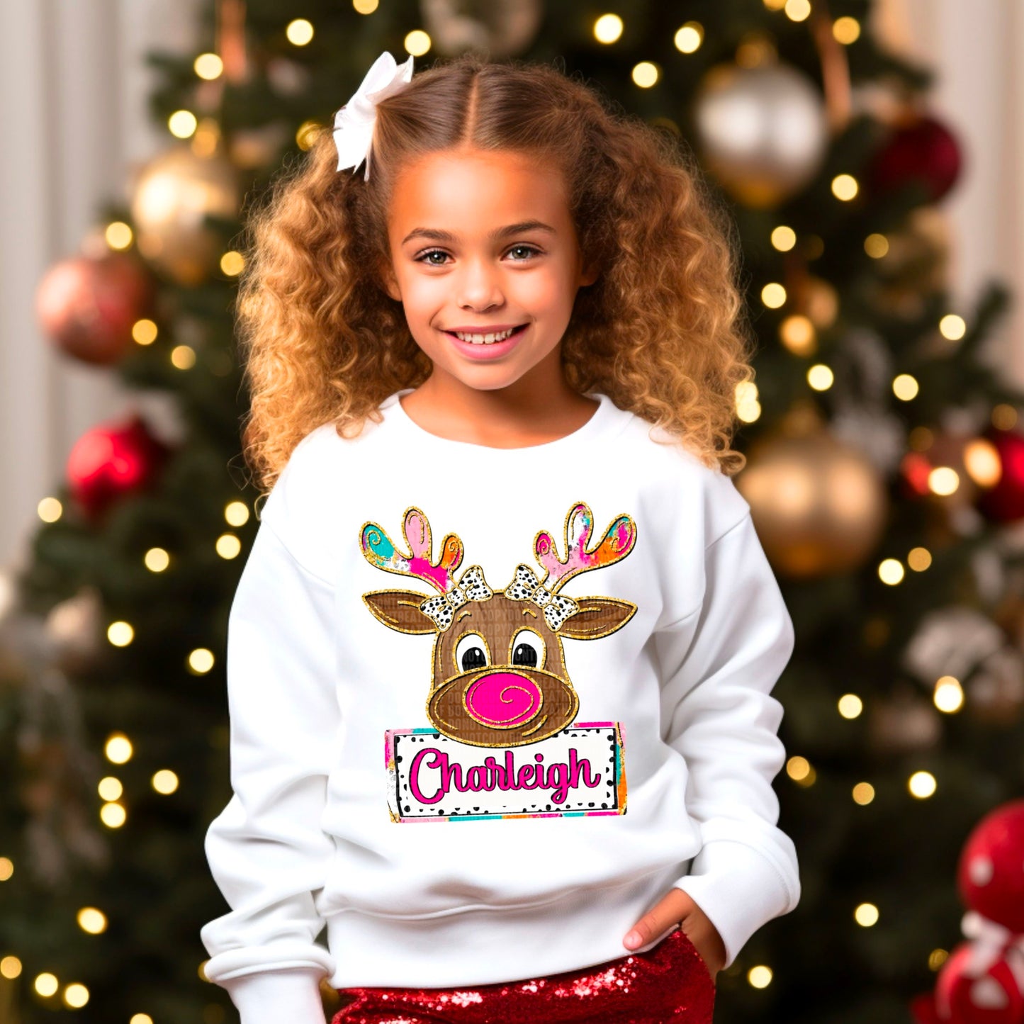 Cute Girl Reindeer with Bows Name Plate - Custom