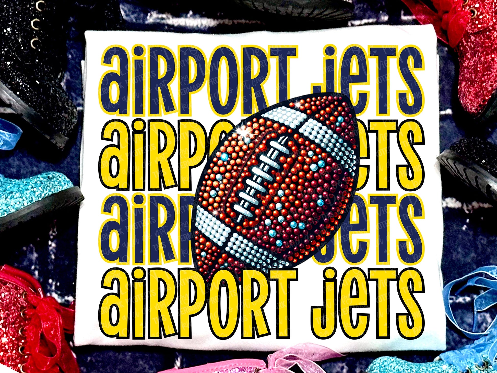 Airport Jets Football Faux Rhinestones Navy Yellow-Lovie T Designs