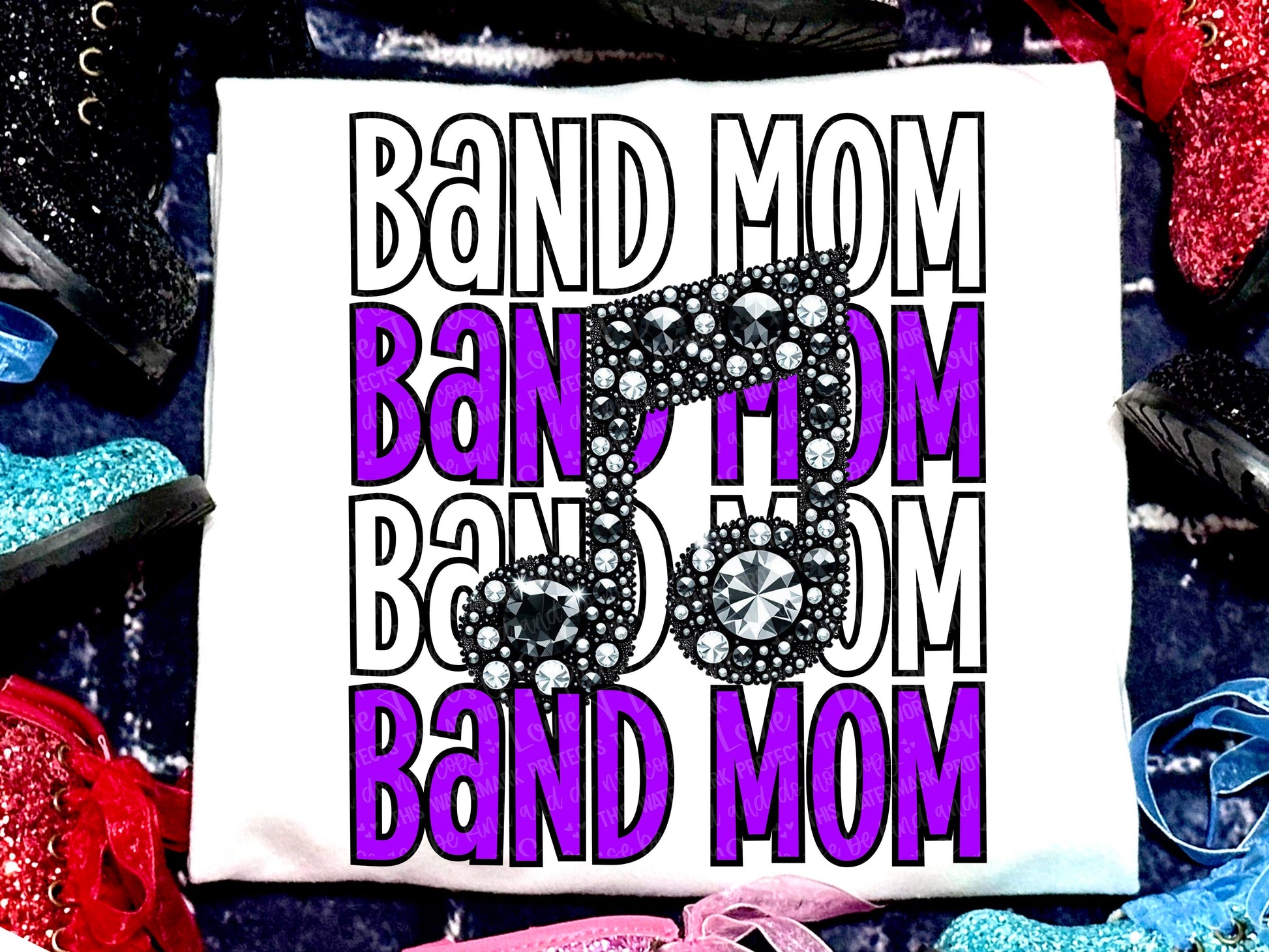 Band Mom Music Note Faux Rhinestones Purple White-Lovie T Designs