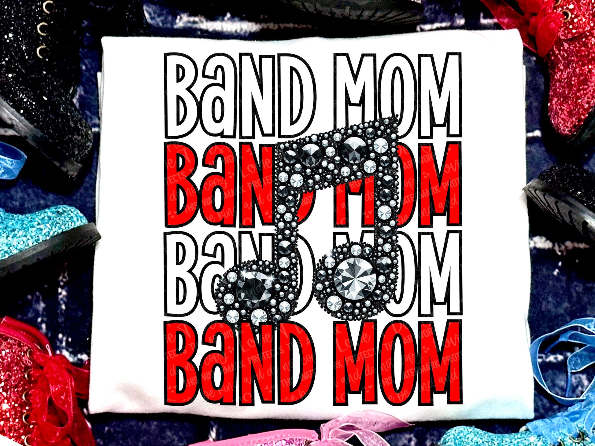 Band Mom Music Note Faux Rhinestones Red White-Lovie T Designs