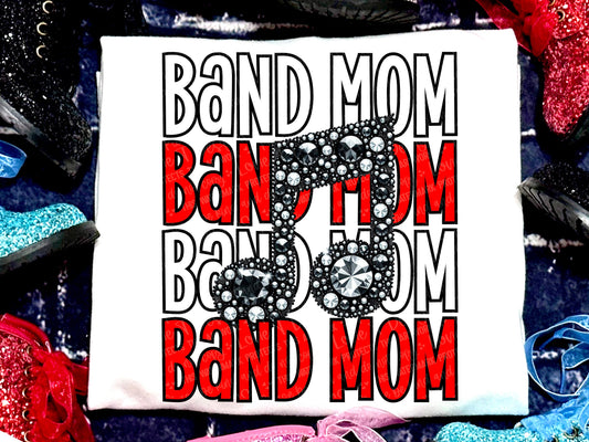 Band Mom Music Note Faux Rhinestones Red White-Lovie T Designs