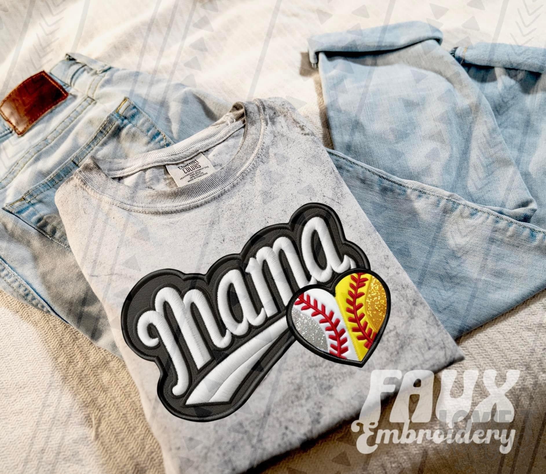 Baseball + Softball Mama Faux Embroidery Stitch-Lovie T Designs