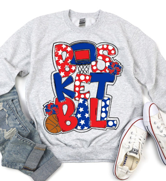 Basketball Word Art Royal and Red White Stars-[DTF Transfer]-Lovie T Designs