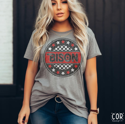 Bison Red Checkered Stars Circle-Lovie T Designs