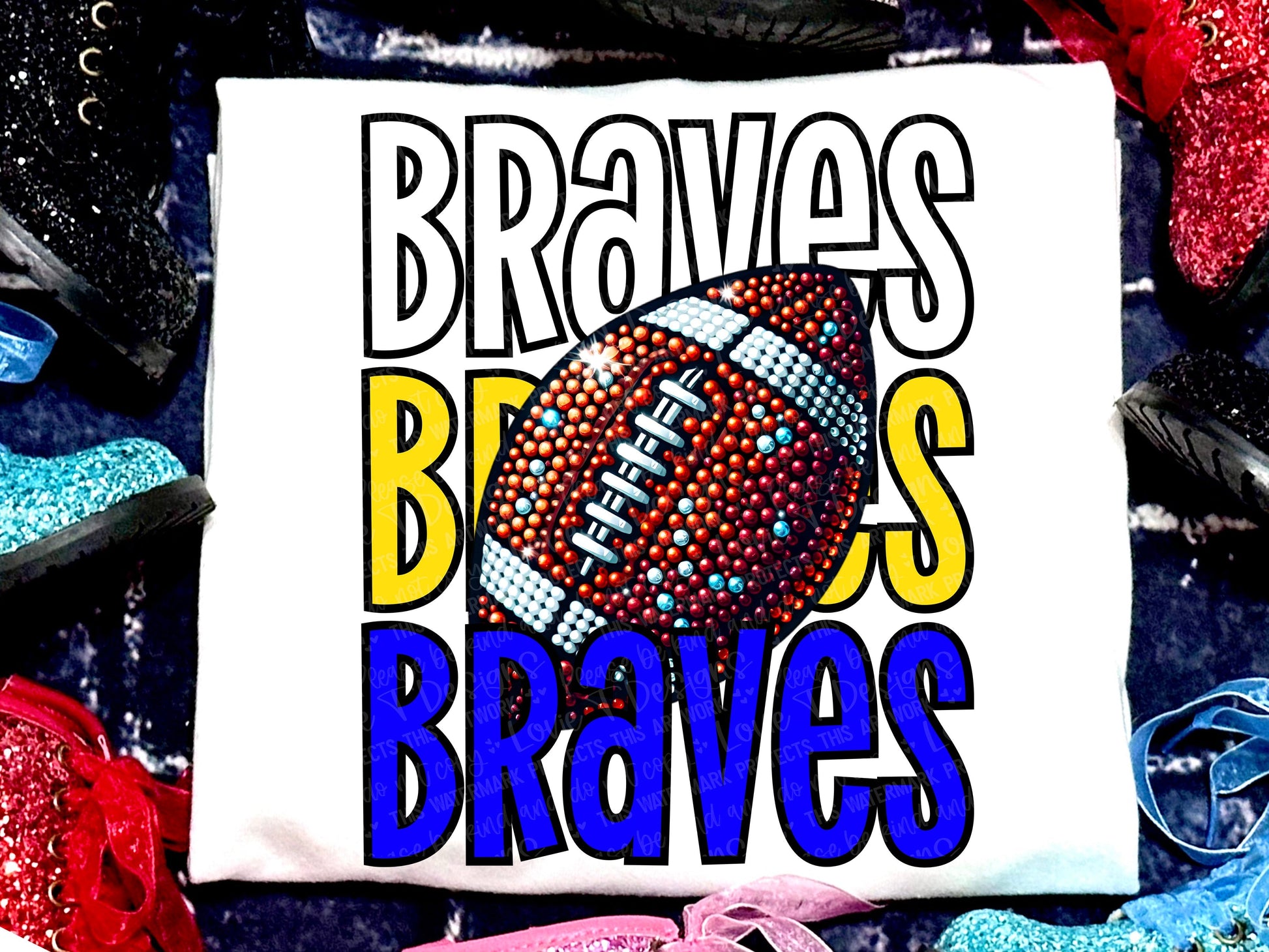 Braves Football Faux Rhinestones Royal Blue Yellow-Lovie T Designs