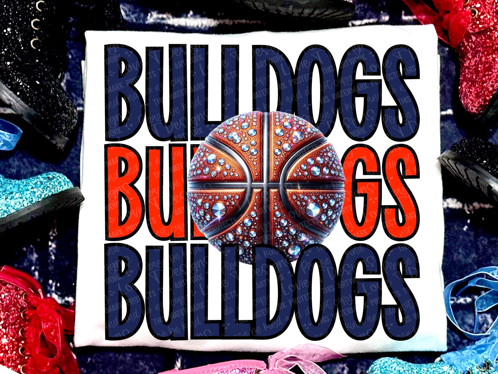 Bulldogs Basketball Faux Rhinestones Navy Red-Lovie T Designs