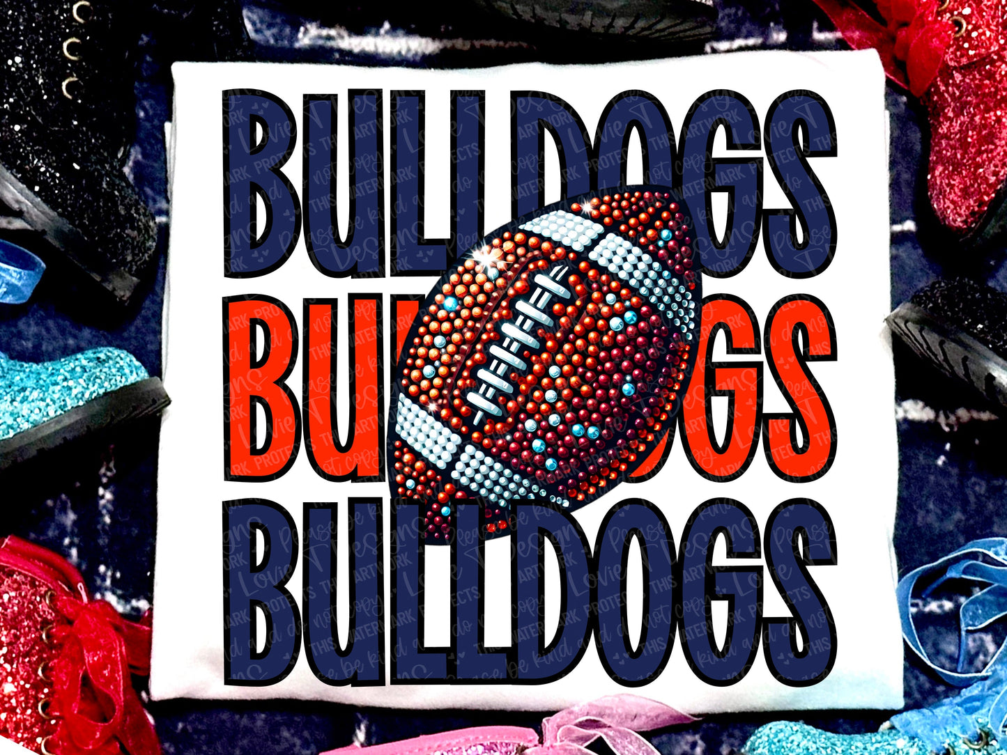 Bulldogs Football Faux Rhinestones Navy Red-Lovie T Designs