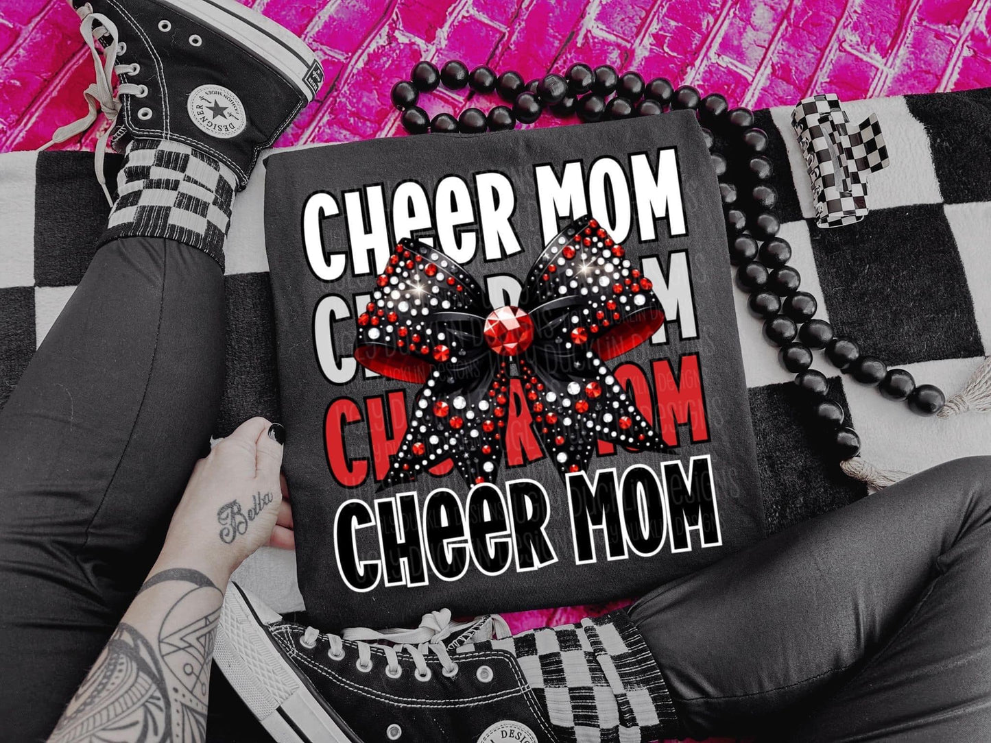 Cheer Mom Faux Rhinestones Black and Red-Lovie T Designs