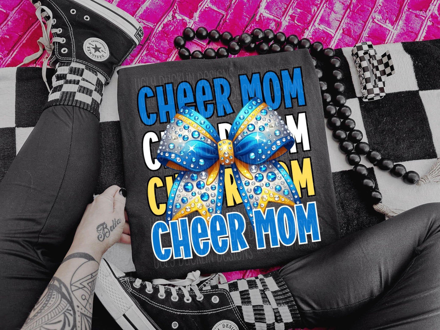 Cheer Mom Faux Rhinestones Blue and Yellow-Lovie T Designs