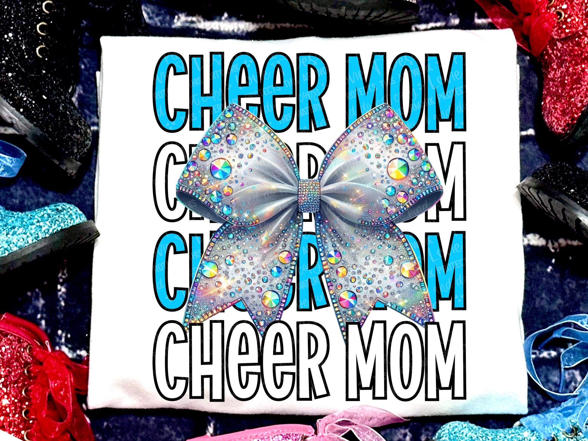 Cheer Mom Faux Rhinestones Light Blue White-Lovie T Designs