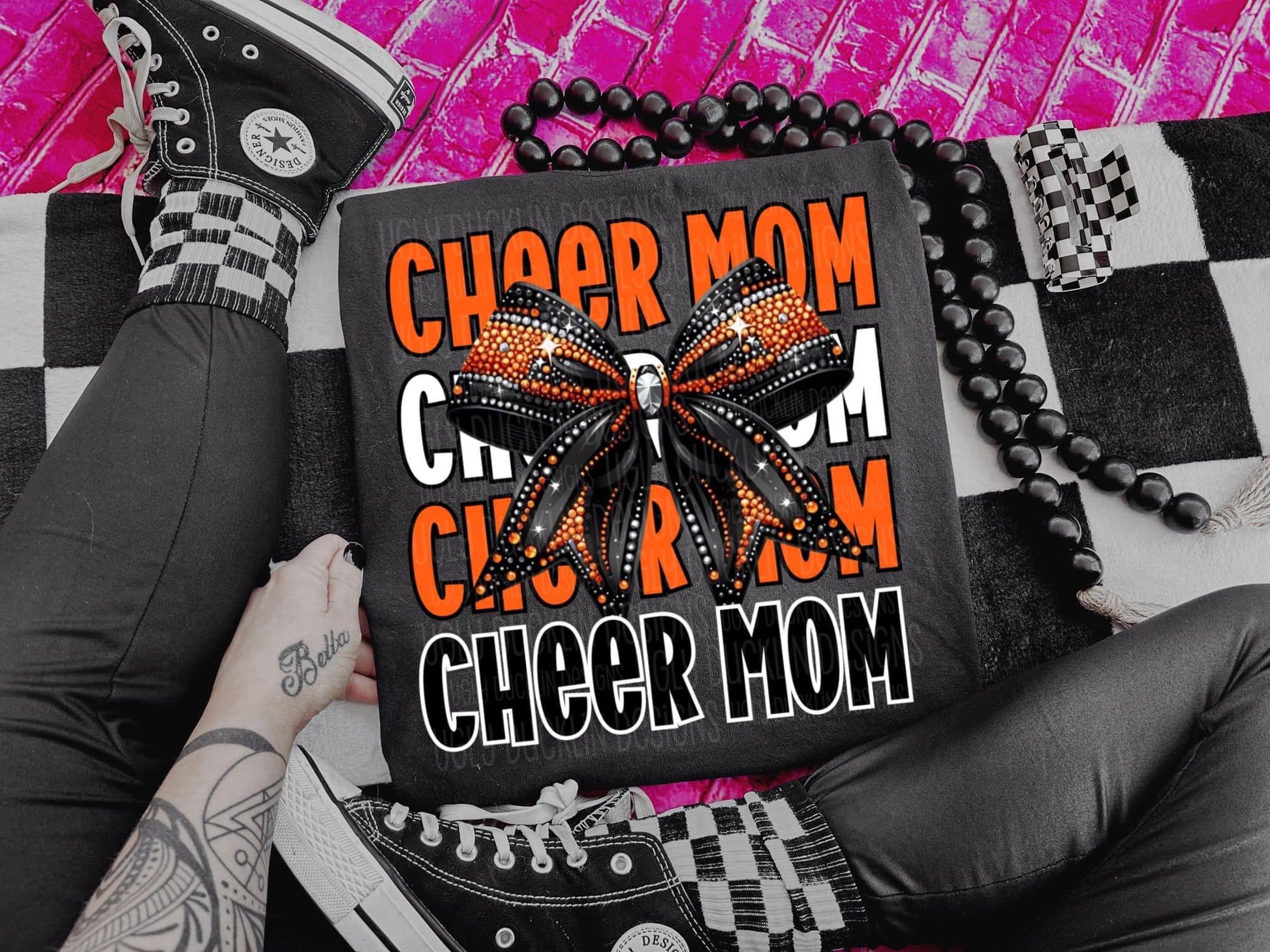 Cheer Mom Faux Rhinestones Orange and Black-Lovie T Designs