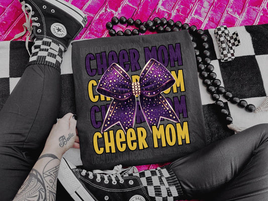 Cheer Mom Faux Rhinestones Purple Bow Purple and Gold-Lovie T Designs