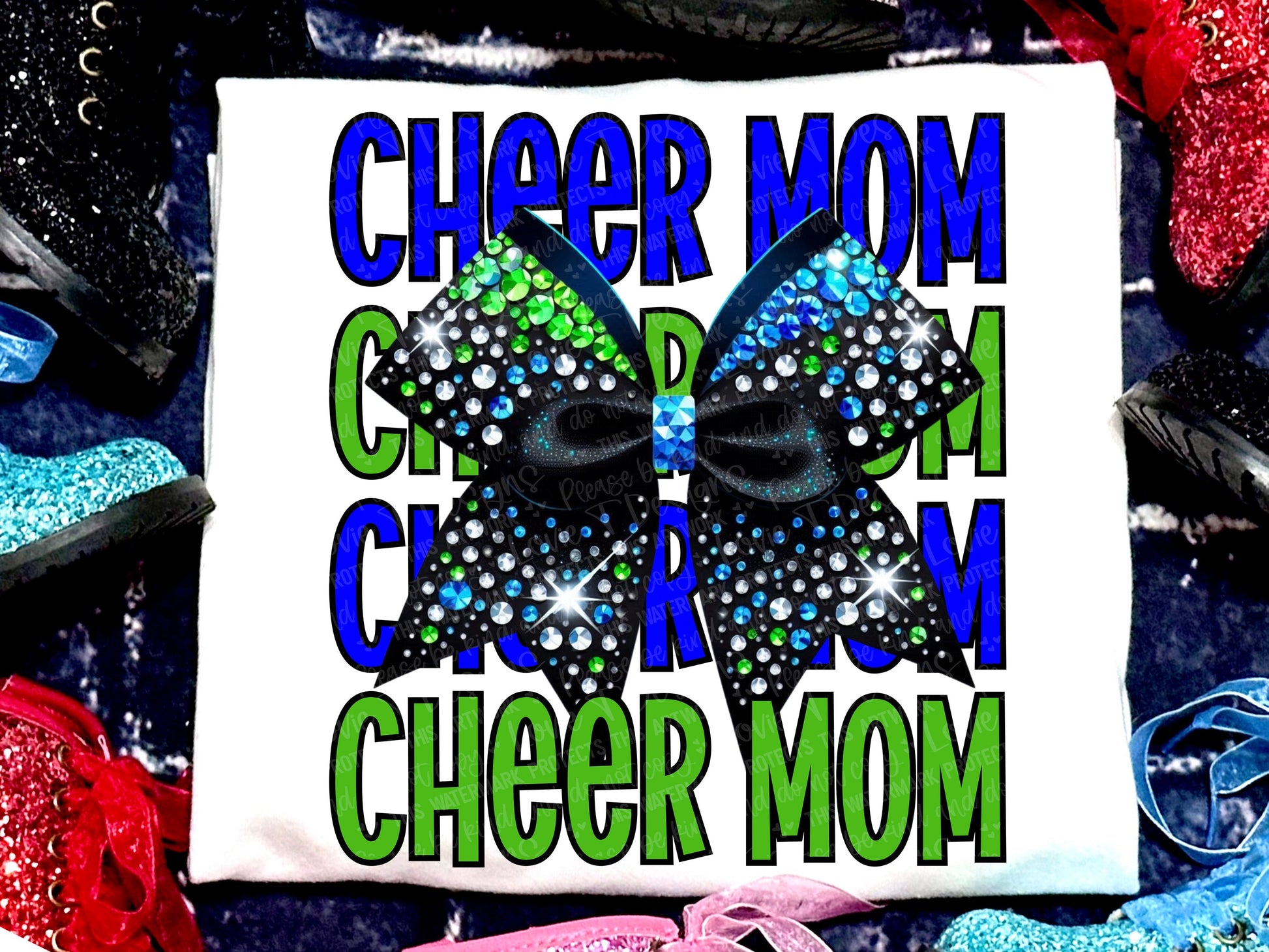 Cheer Mom Faux Rhinestones Royal Blue Green-Lovie T Designs