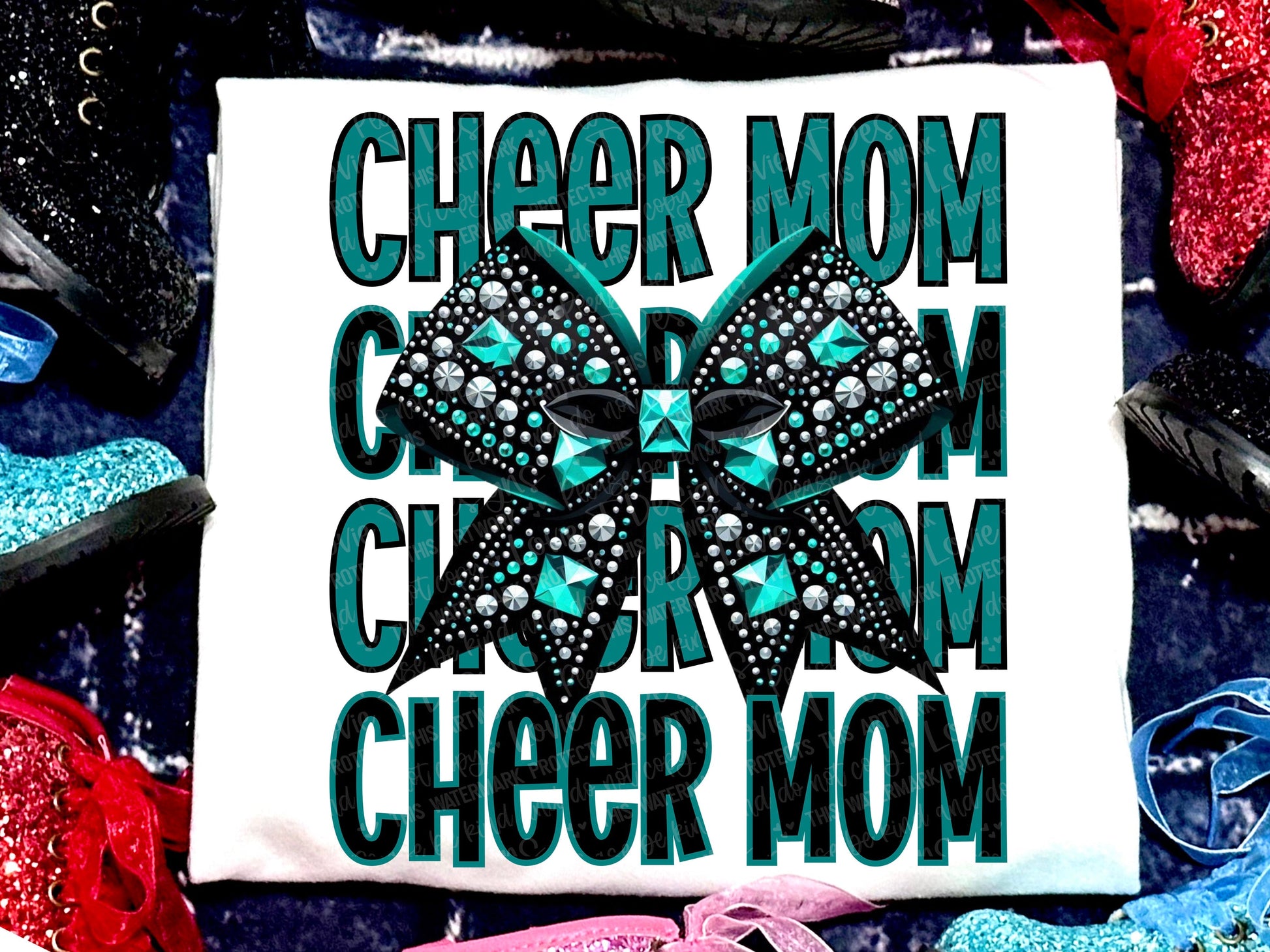 Cheer Mom Faux Rhinestones Teal Black-Lovie T Designs