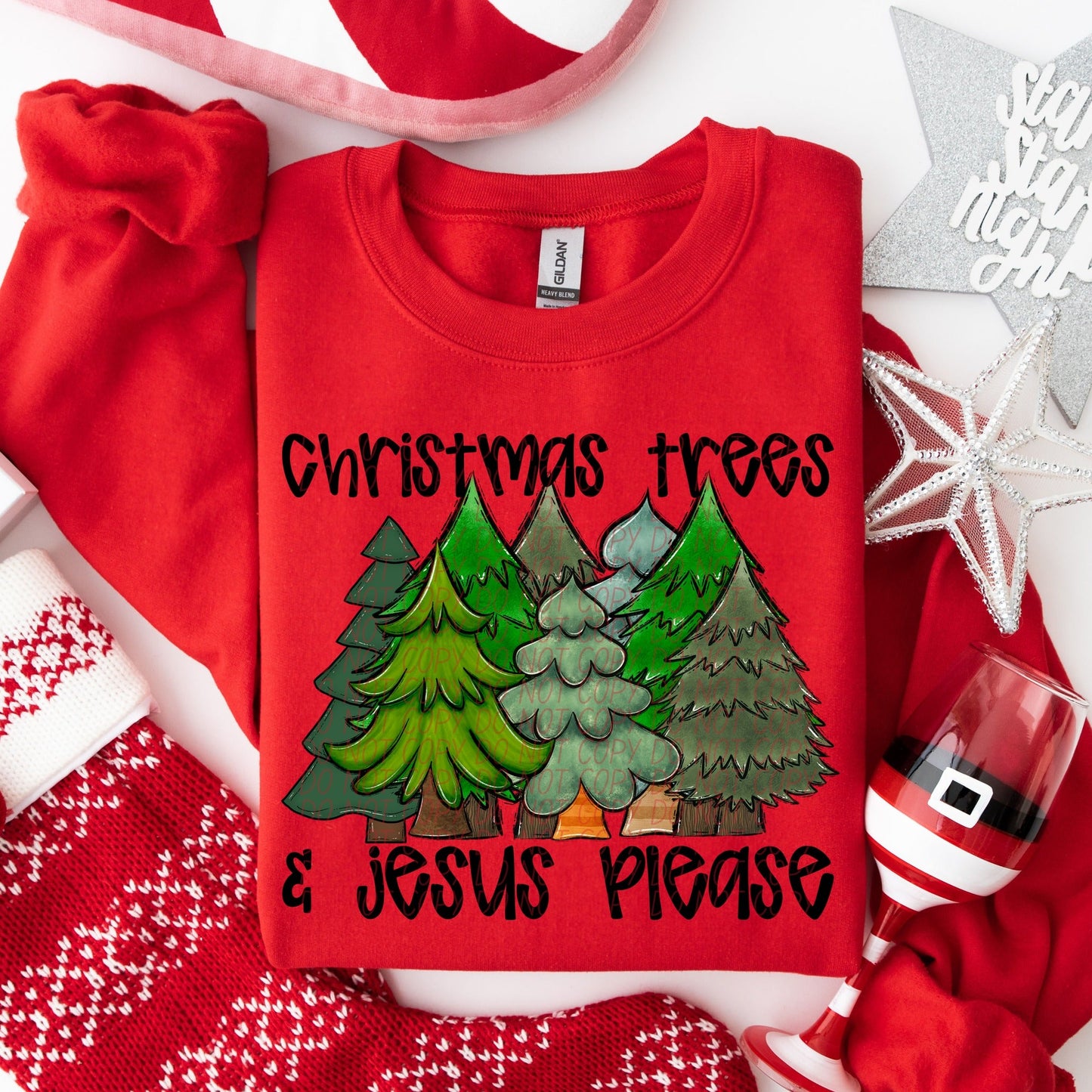 Christmas Trees & Jesus Please Black Ink-[DTF Transfer]-Lovie T Designs