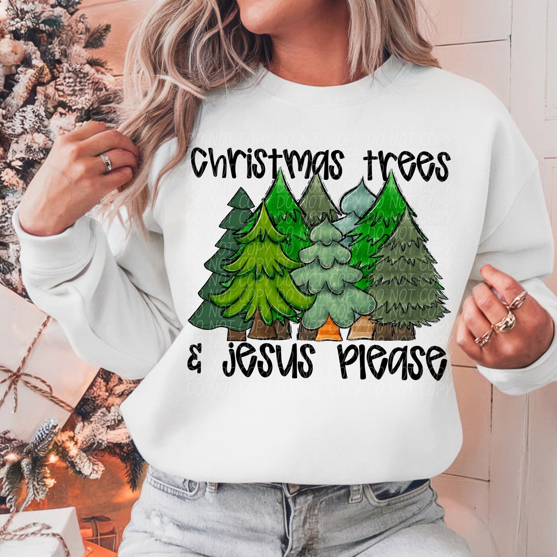 Christmas Trees & Jesus Please Black Ink-[DTF Transfer]-Lovie T Designs