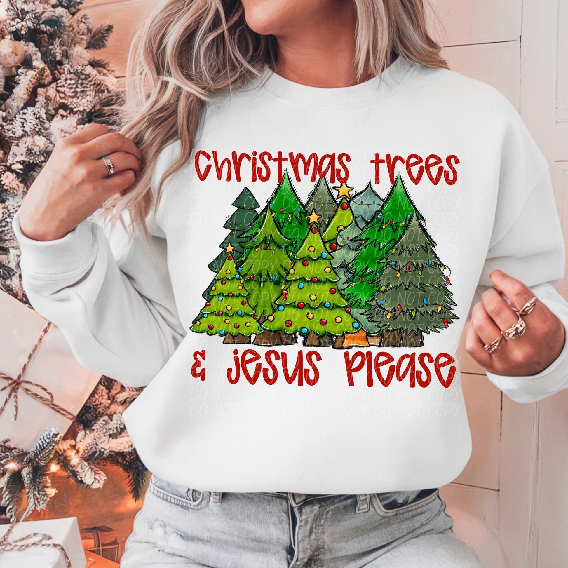 Christmas Trees & Jesus Please Red Ink-[DTF Transfer]-Lovie T Designs