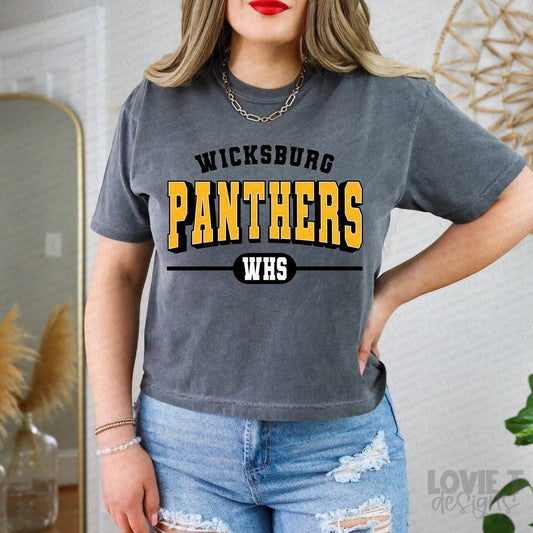 Classic Varsity Wicksburg Panthers Black and Ath Gold-Lovie T Designs