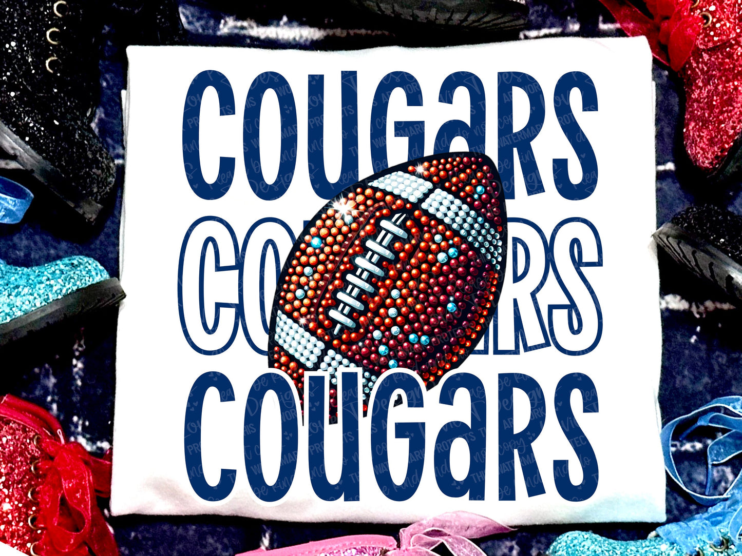 Cougars Football Faux Rhinestones Navy-Lovie T Designs