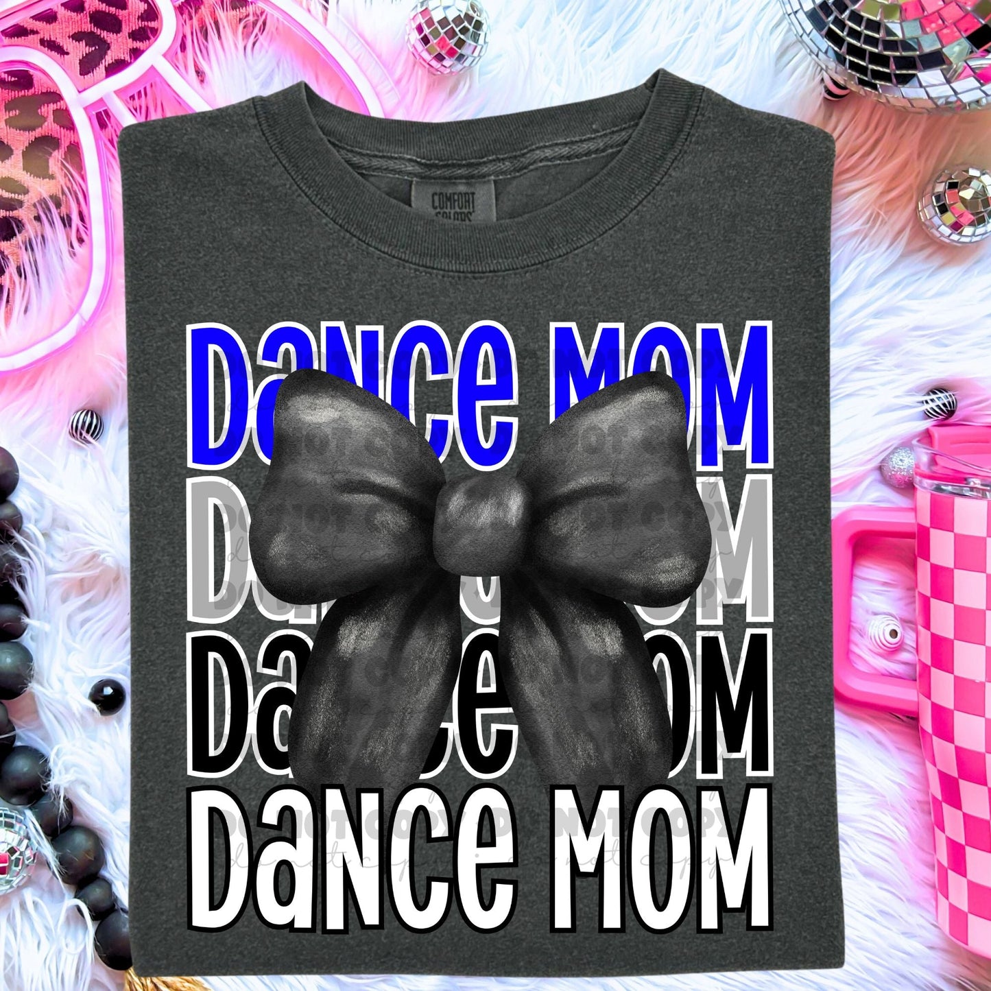 Dance Mom Faux Rhinestones Black Bow Blue Grey Black and White Words-Lovie T Designs