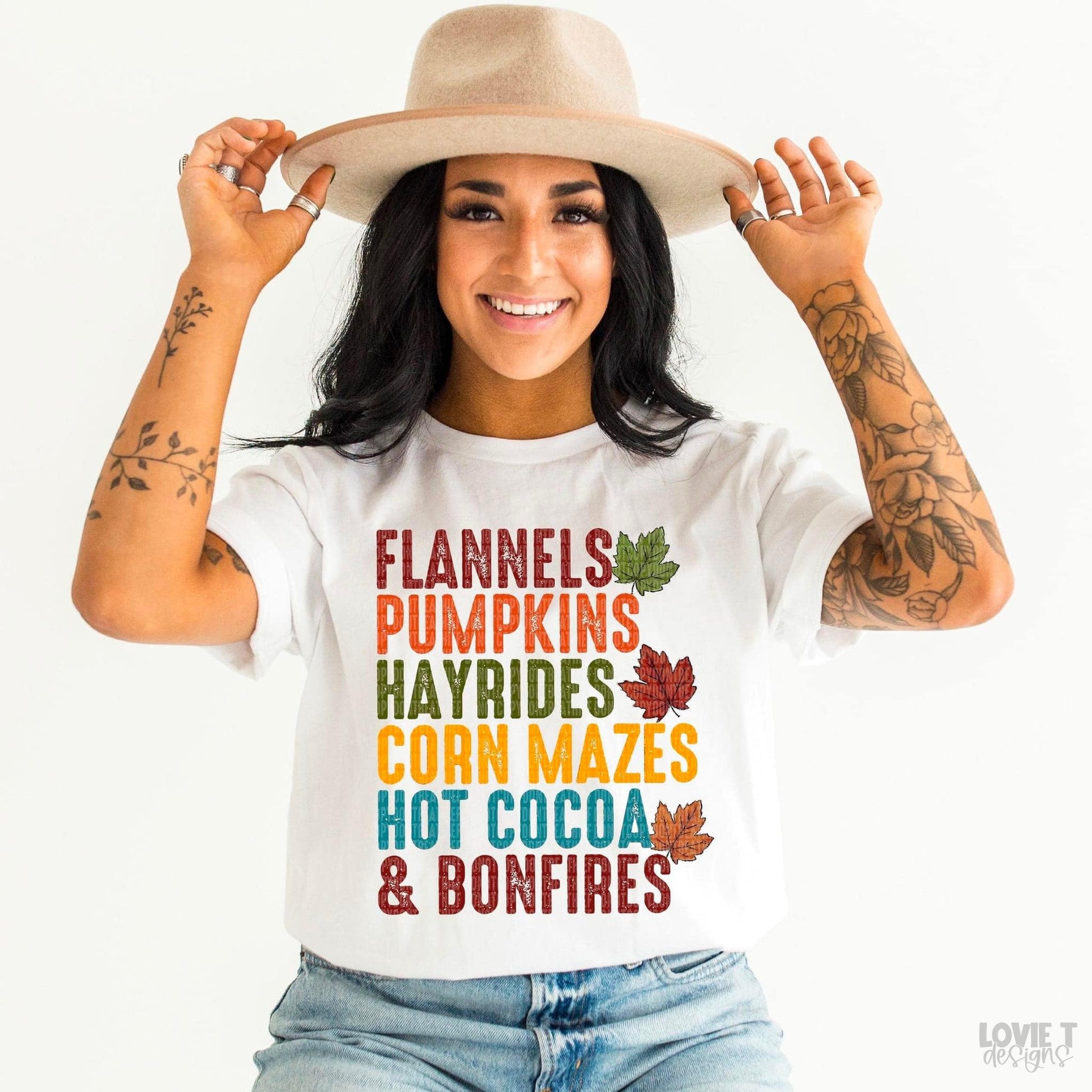 Flannels Pumpkins Hayrides Corn Mazes Hot Cocoa & Bonfires-Lovie T Designs