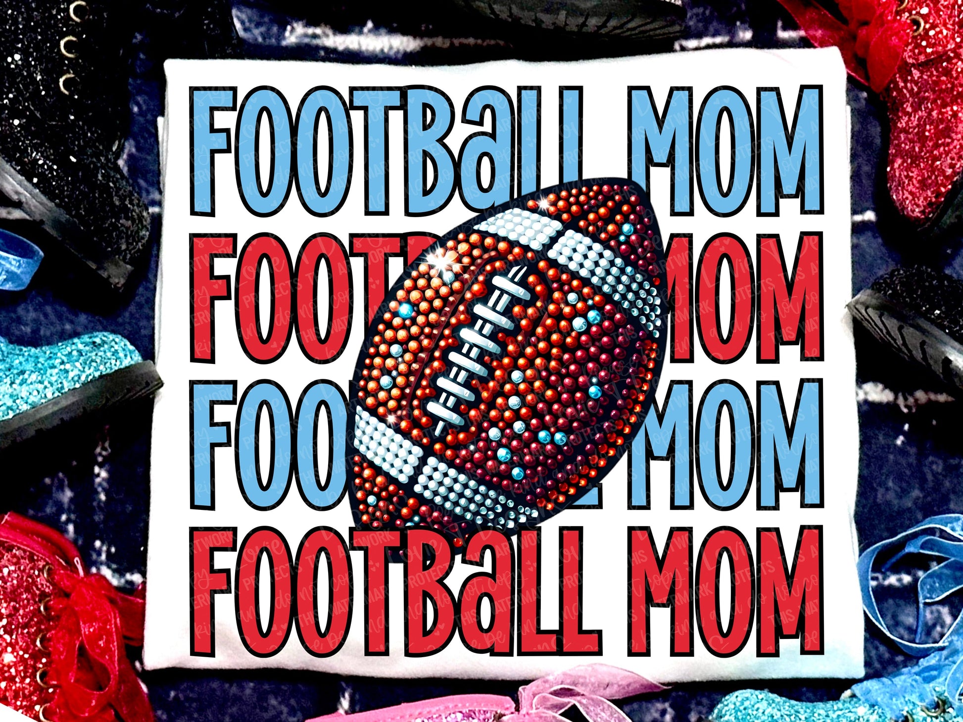 Football Mom Faux Rhinestones Columbia Blue Red-Lovie T Designs