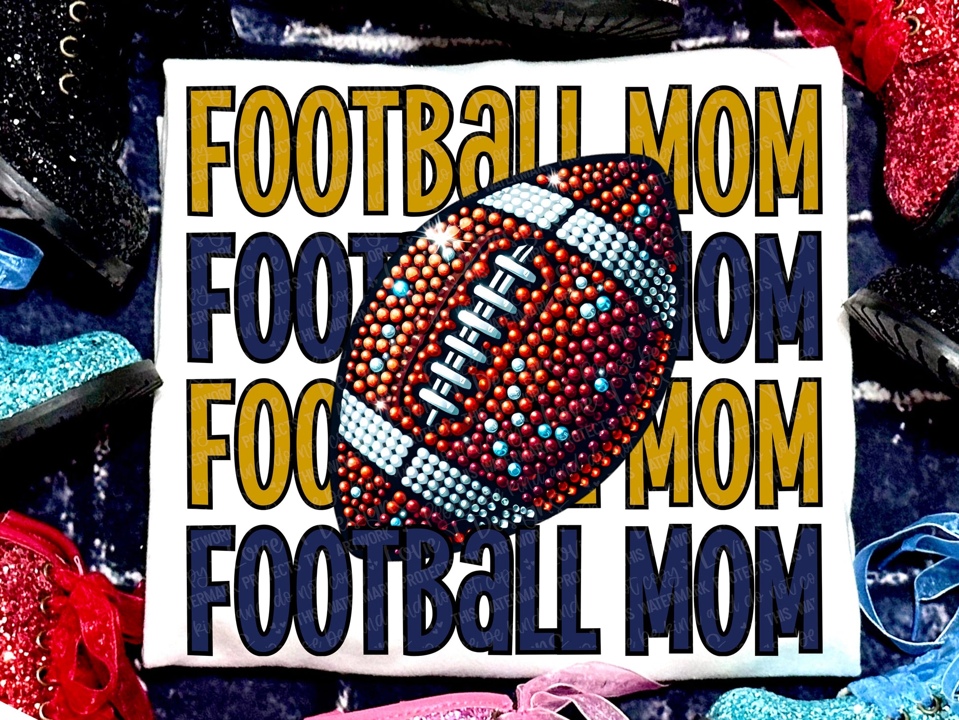 Football Mom Faux Rhinestones Mustard Navy-Lovie T Designs