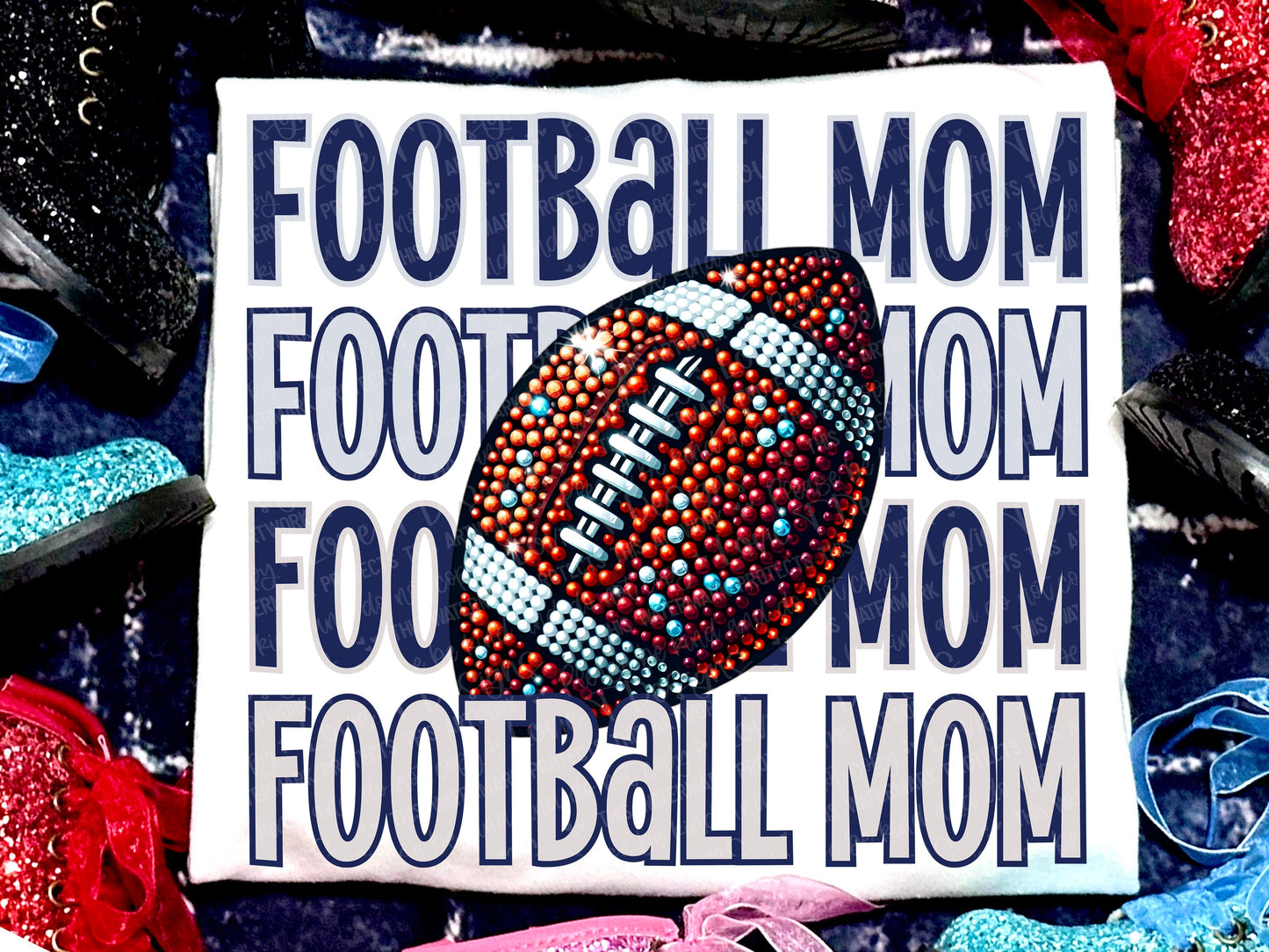 Football Mom Faux Rhinestones Navy Grey-Lovie T Designs