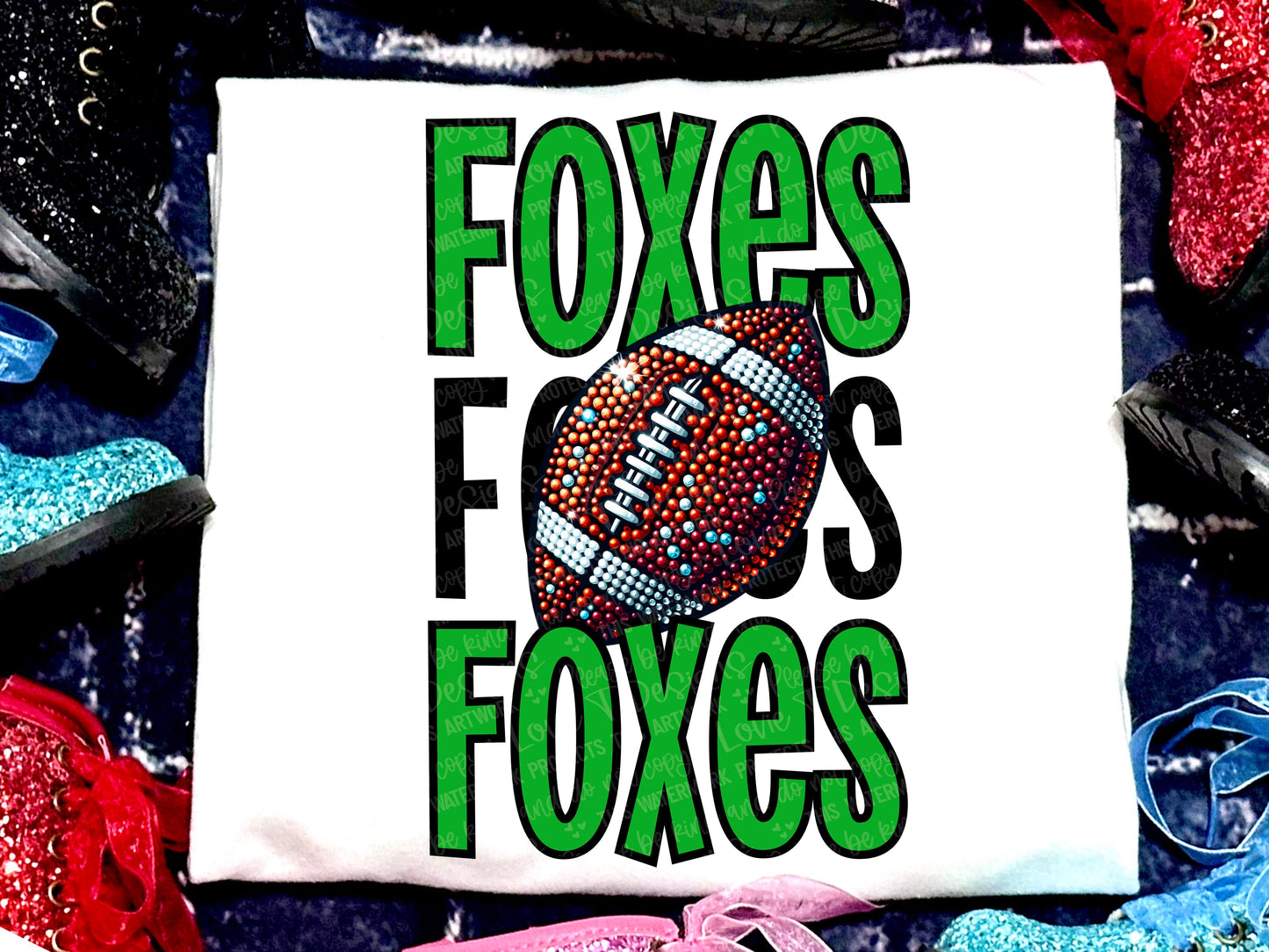 Foxes Football Faux Rhinestones Kelly Green-Lovie T Designs