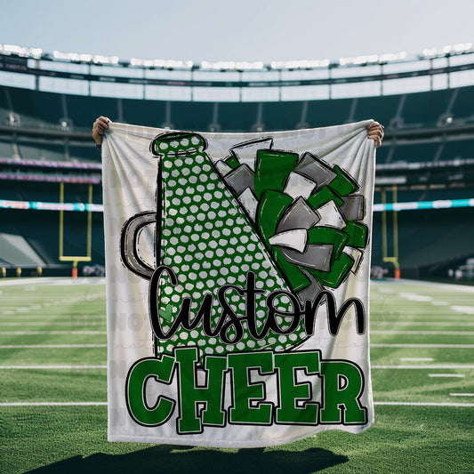 Green, White and Gray Cheer Blanket Megaphone and Pom-Lovie T Designs