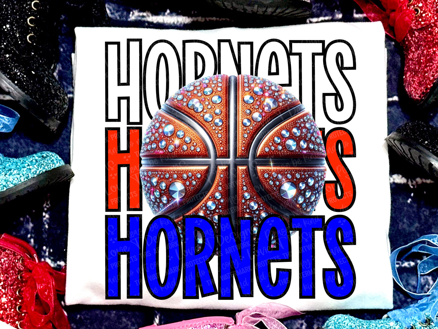 Hornets Basketball Faux Rhinestones Red Royal Blue-Lovie T Designs