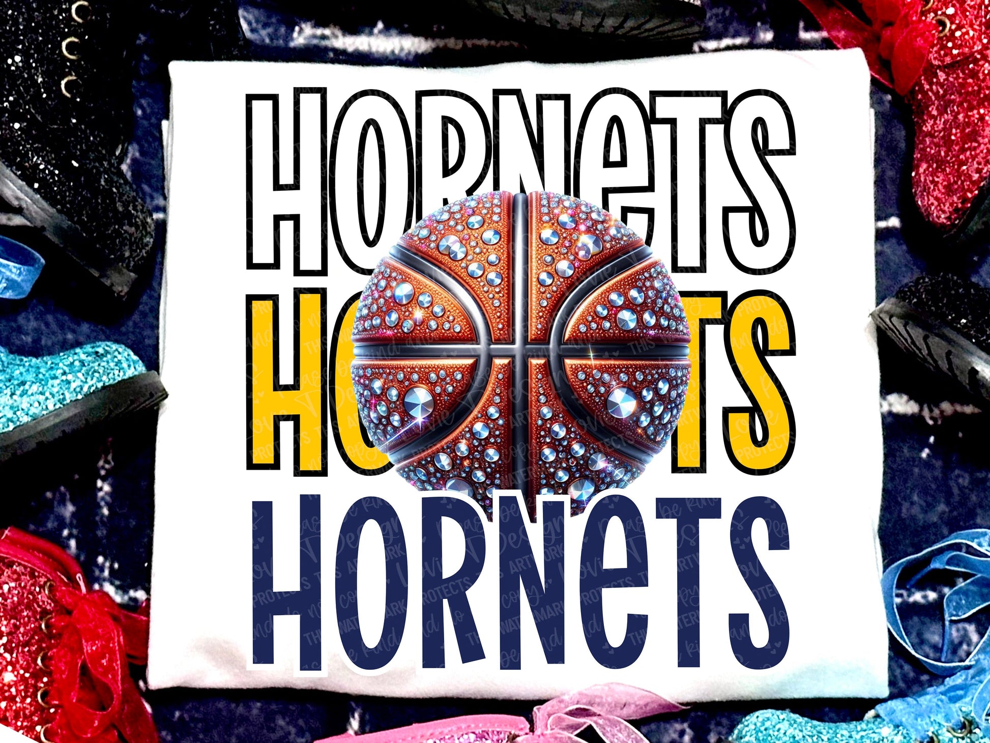 Hornets Basketball Faux Rhinestones Yellow Navy-Lovie T Designs