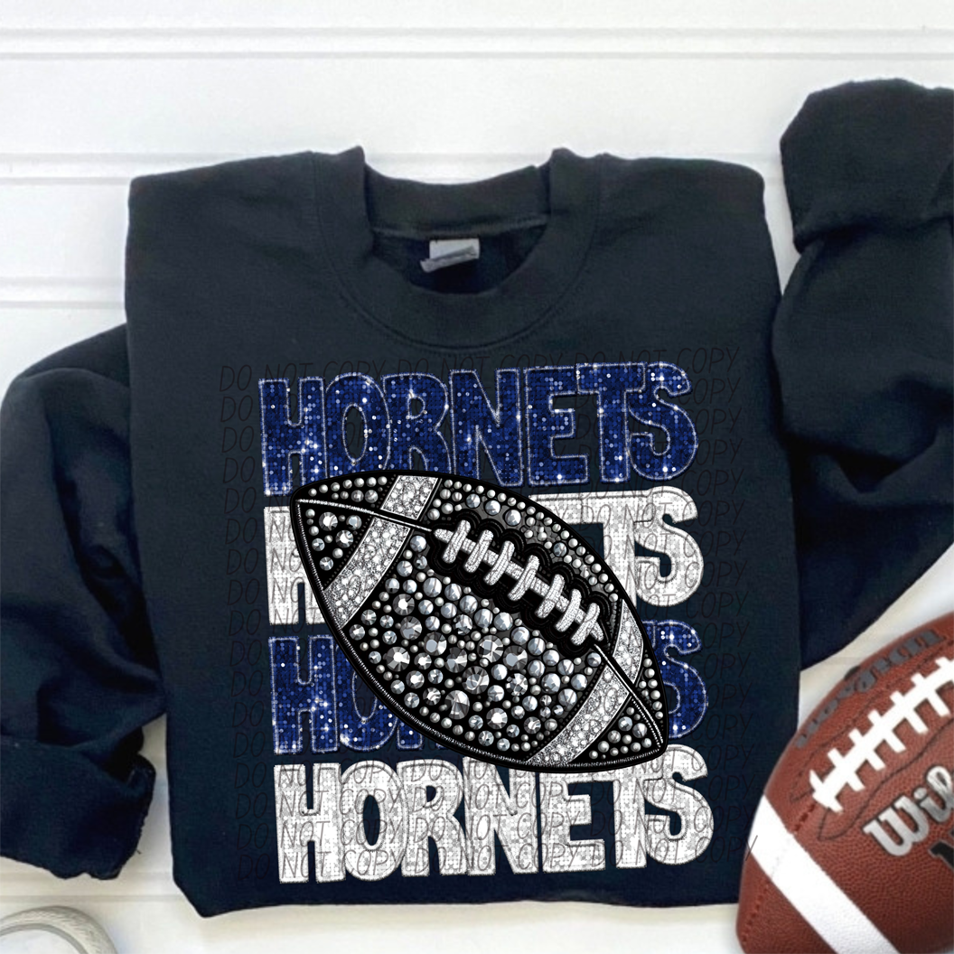 Hornets Blue White Stacked Football-Lovie T Designs