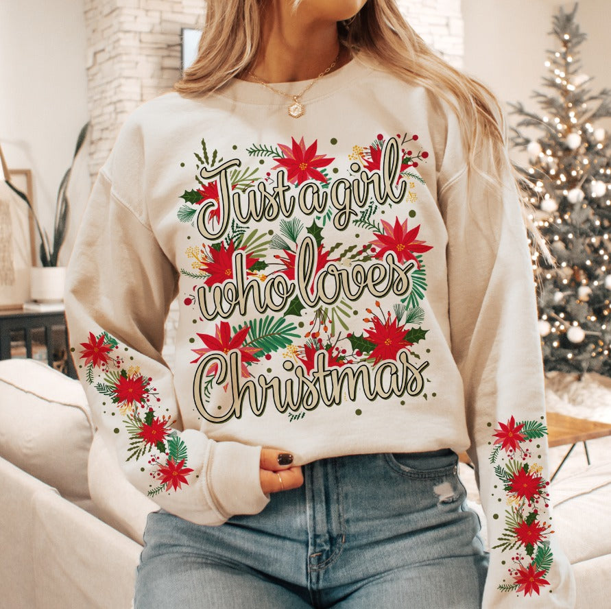 Just A Girl Who Loves Christmas + Optional Sleeve Accents-Lovie T Designs