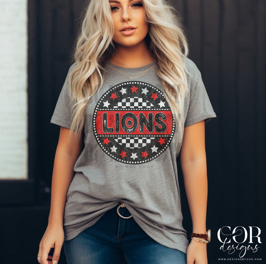 Lions Red Checkered Stars Circle-Lovie T Designs