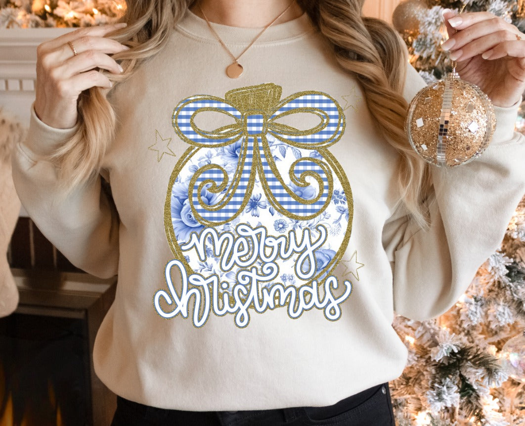 Merry Christmas Blue Toile-[DTF Transfer]-Lovie T Designs