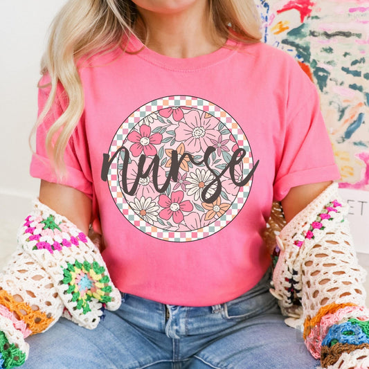 Nurse Checkered Floral in Summery Colors-Lovie T Designs