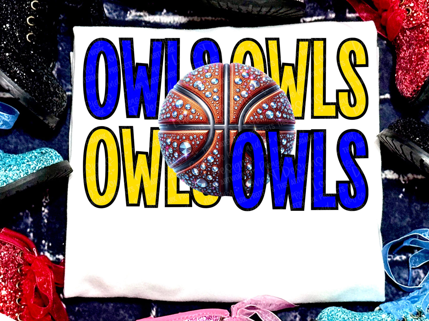 Owls Basketball Faux Rhinestones Royal Blue Yellow-Lovie T Designs