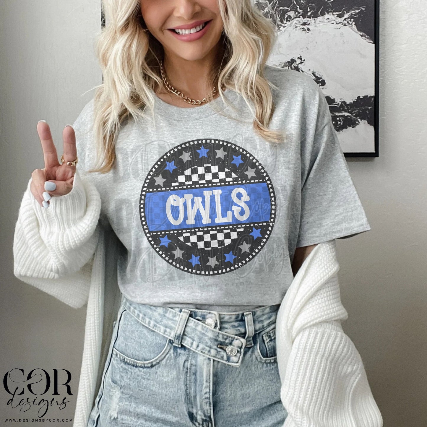 Owls Blue Checkered Stars Circle-Lovie T Designs