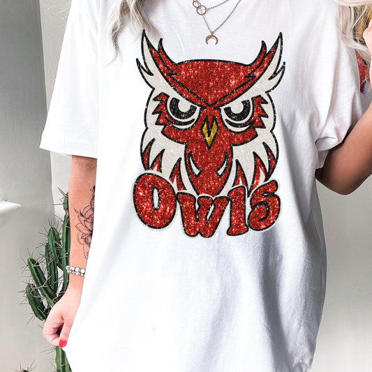 Owls Red Faux Sequin Sparkle