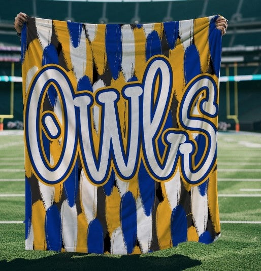 Owls Funky Serif Royal Blue and Yellow Gold Blanket