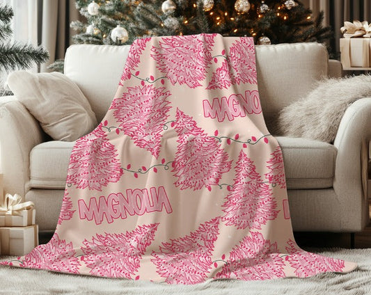 Pink Christmas Tree Blanket with Optional Name-Lovie T Designs