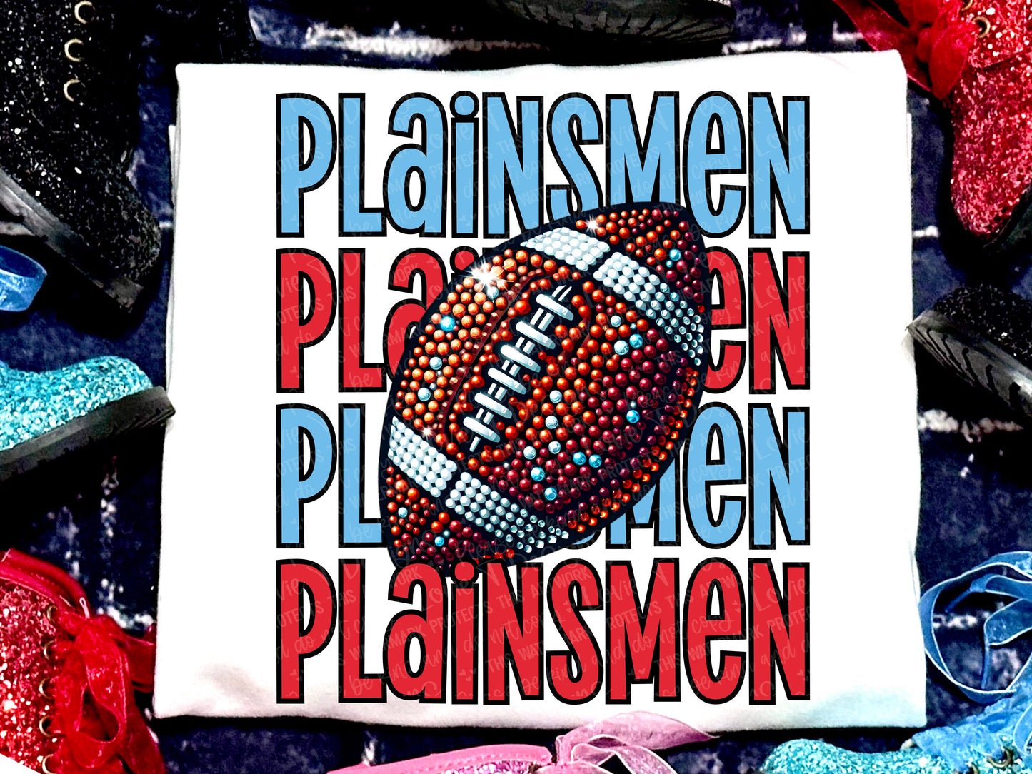 Plainsmen Football Faux Rhinestones Columbia Blue Red-Lovie T Designs