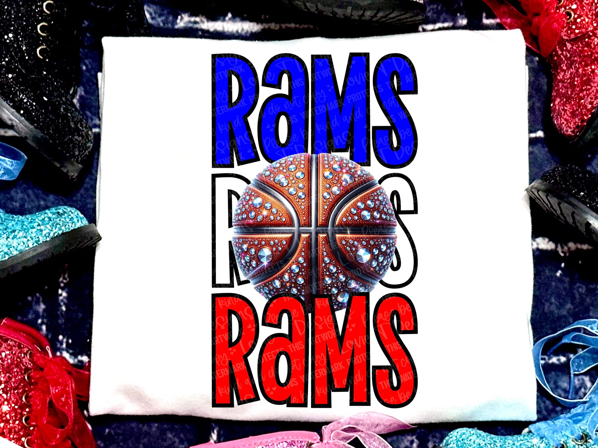 Rams Basketball Faux Rhinestones Royal Blue Red-Lovie T Designs