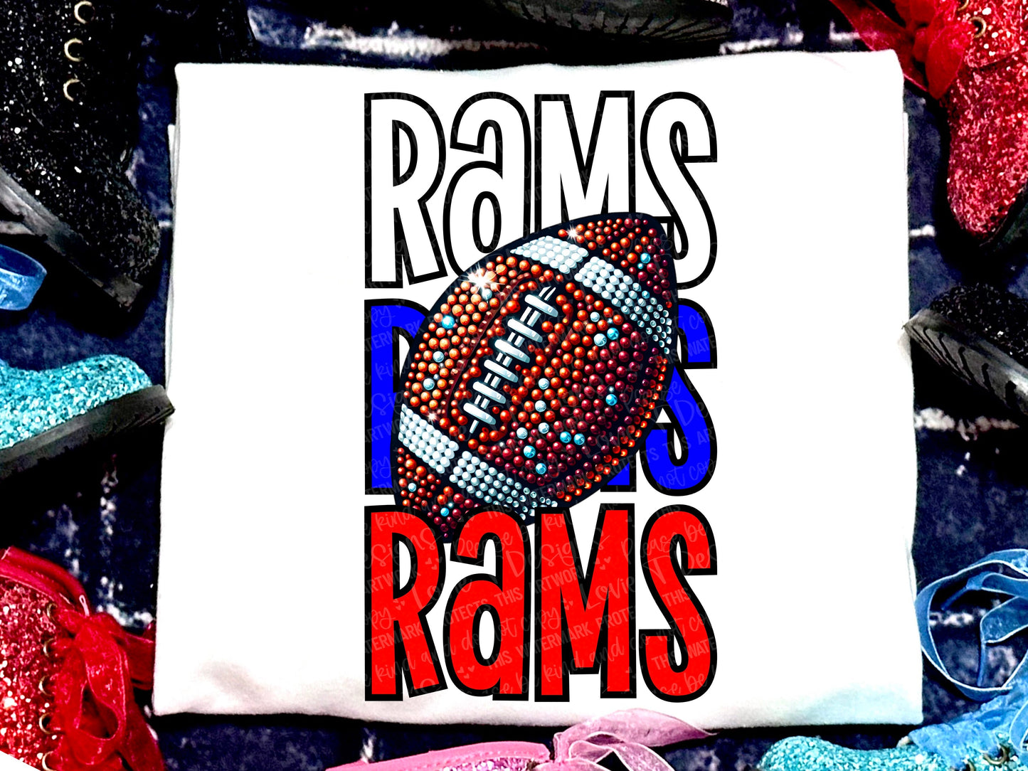 Rams Football Faux Rhinestones Royal Blue Red-Lovie T Designs