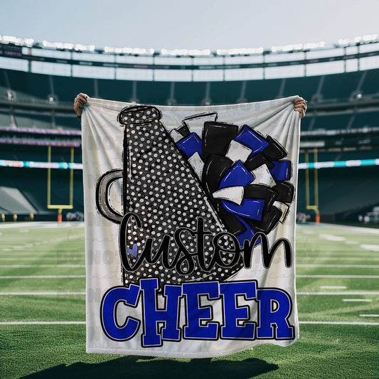 Royal Blue and Black Cheer Blanket Megaphone and Pom-Lovie T Designs