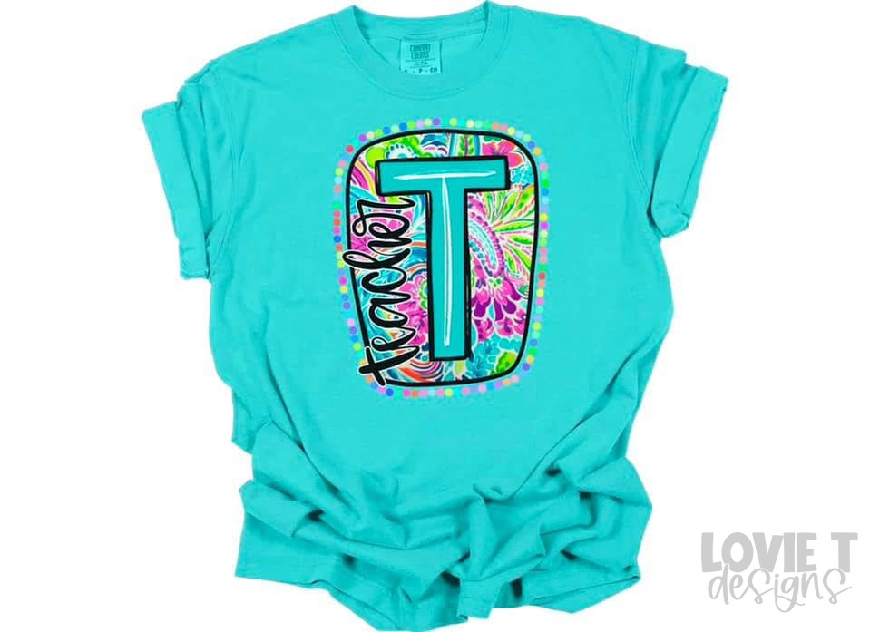 Teacher T scribble Lette Bright Paisley Floral-Lovie T Designs